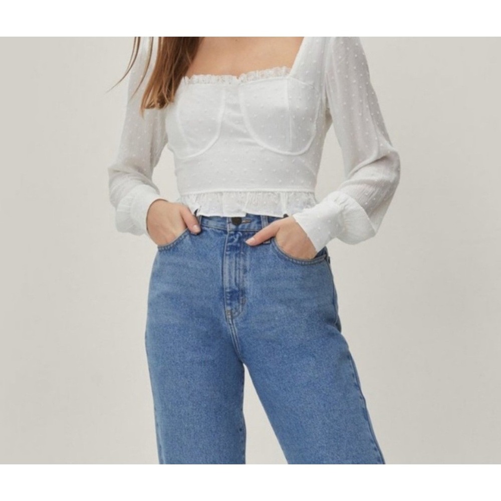 Nasty Gal Shirt Womens Sz 2 White Ruffle Crop Bustier Peasant Top Cottagecore